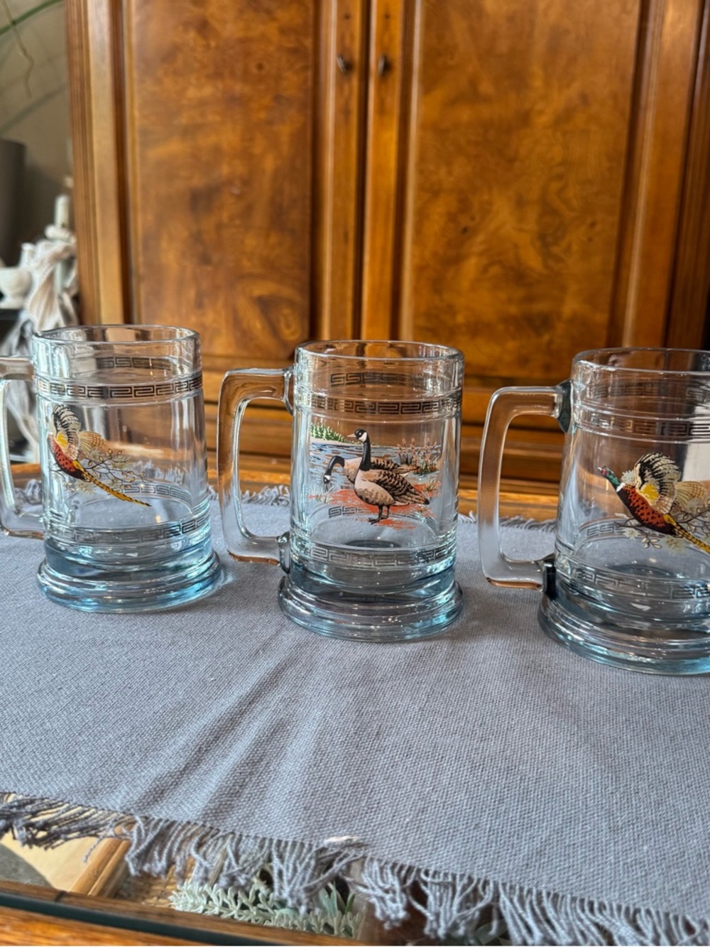 3 vintage Princess House Glass Beer Mugs with geese and pheasant design